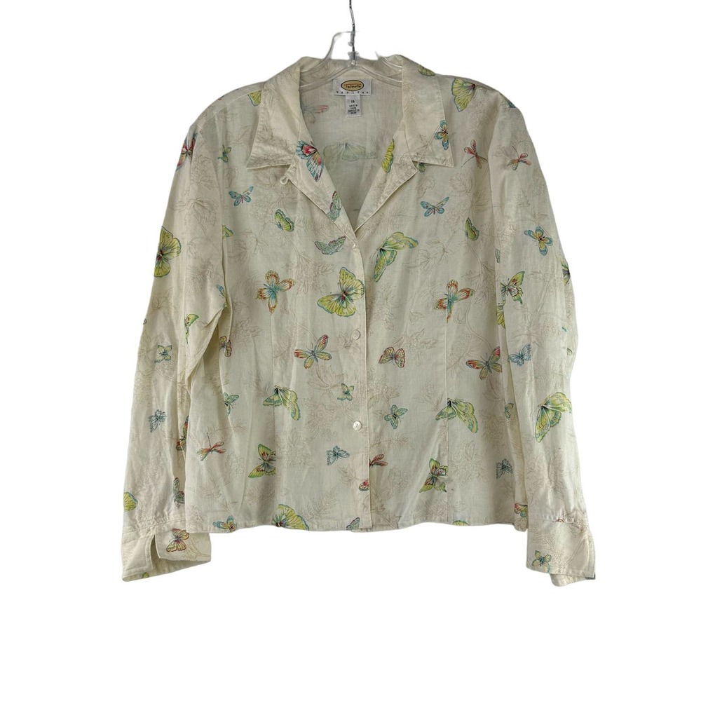 Talbots Linen Button Up Top Size 14P Petite Butterfly Print‎ Long Sleeve
